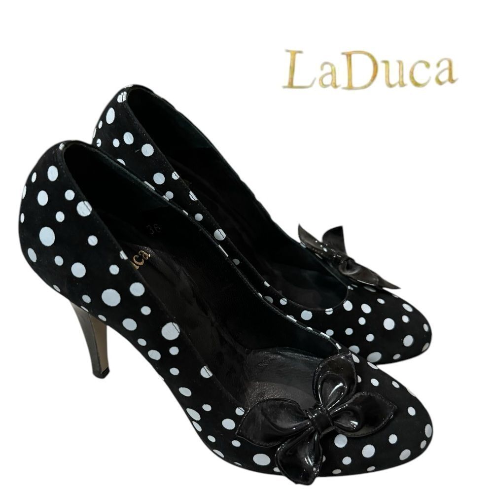LaDuca Women's Marilyn Black White Polka Dot Bow Heels 6 RARE